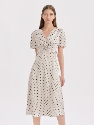 Beige Combo Print V-Neck Twisted Polka Dot Midi Dress