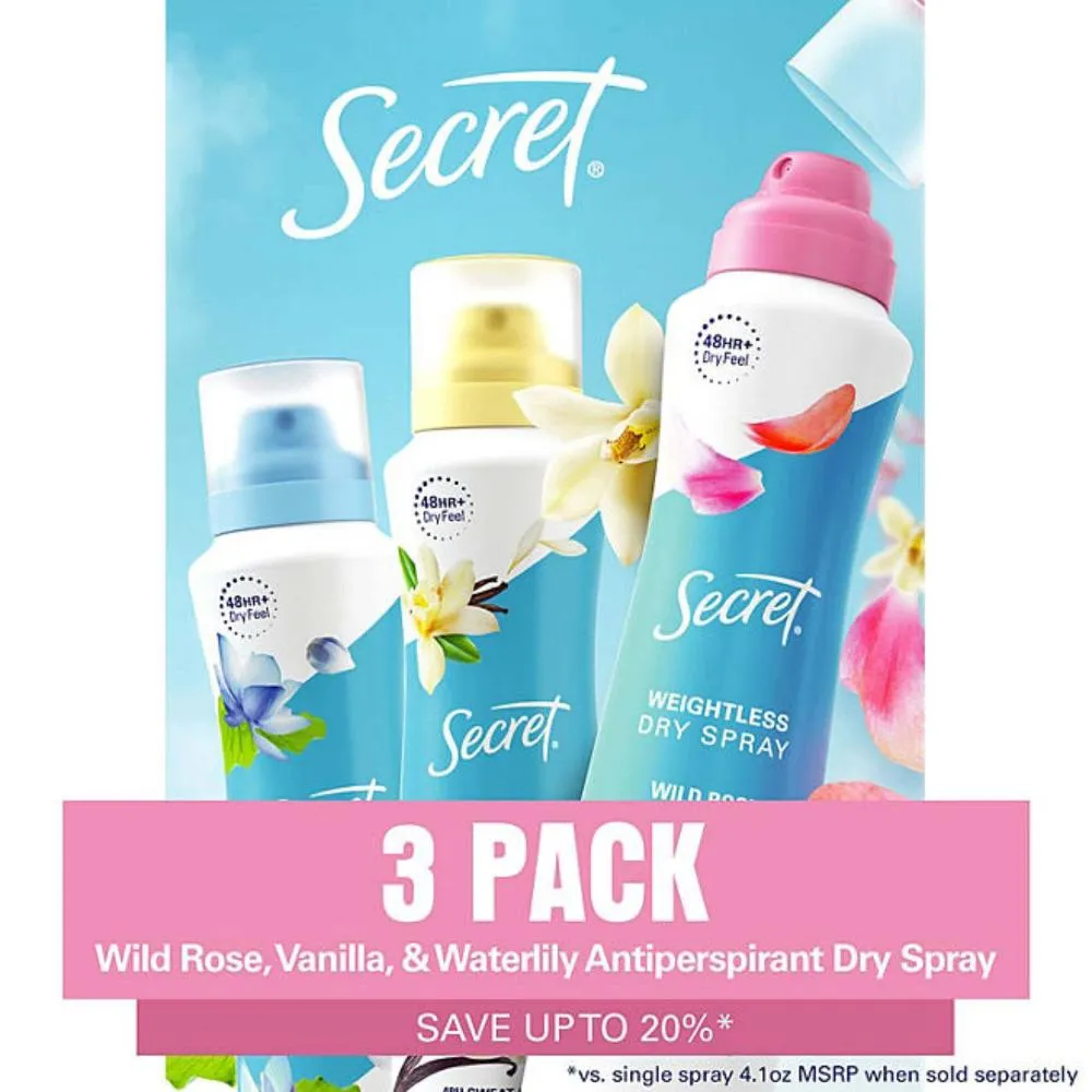 Secret - Dry Spray Women's Antiperspirant Deodorant, Vanilla, Wild Rose & Waterlily - 4.1 oz - 3 Pack