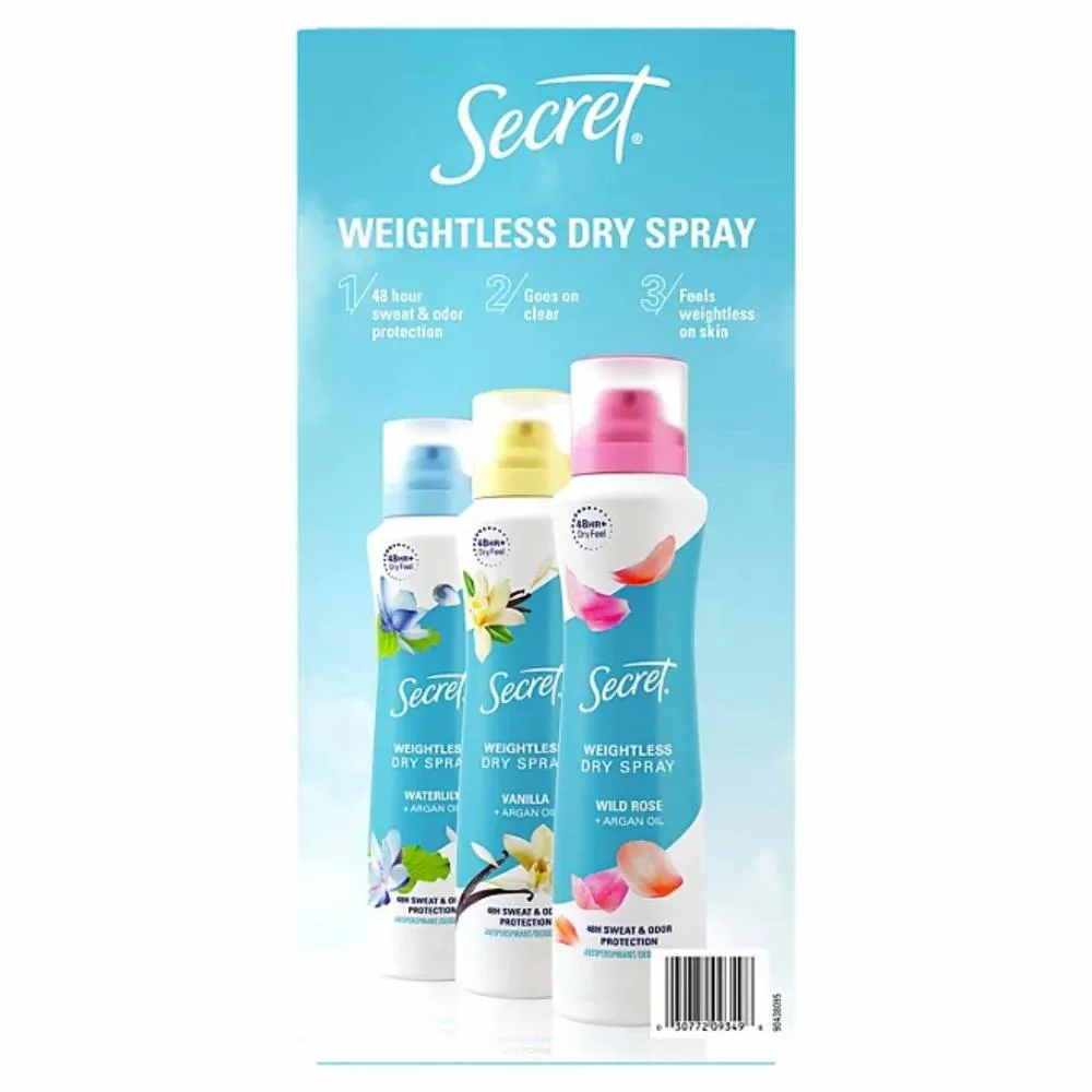 Secret - Dry Spray Women's Antiperspirant Deodorant, Vanilla, Wild Rose & Waterlily - 4.1 oz - 3 Pack